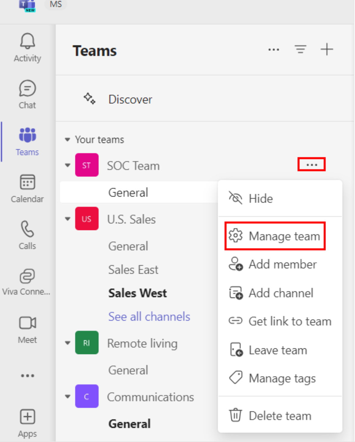 A screenshot of the managed team button.